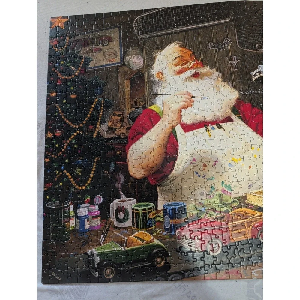 Cobble Hill Santa Painting Cars Jigsaw Puzzle 1000 Pcs Complete Tom Newsom
